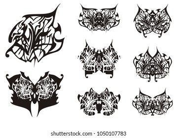 Tribal butterfly wings tattoo in black and white tones. Ornate detailed abstract butterfly wing and set of ethnic butterflies on a white background for your design