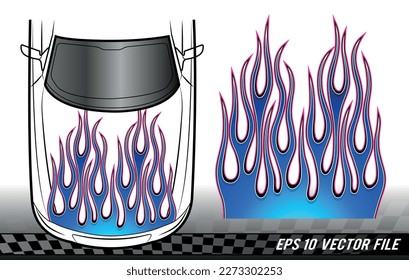 Tribal car hood flame electric race car body vinyl sticker vector eps file. Blue bonnet flames sport car decal. Decoration for cars, auto, truck, boat, suv and motorcycle tank.