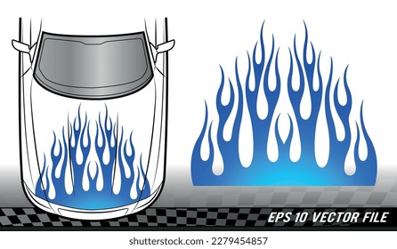 Tribal car hood flame electric race car body vinyl sticker vector eps file. Blue bonnet flames sport car decal. Decoration for cars, auto, truck, boat, suv and motorcycle tank.