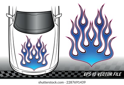 Tribal car hood flame electric race car body vinyl sticker vector eps file. Blue bonnet flames sport car decal. Decoration for cars, auto, truck, boat, suv and motorcycle tank.