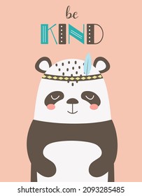 tribal card of cute panda with feathers and lettering be kind, vector illustration