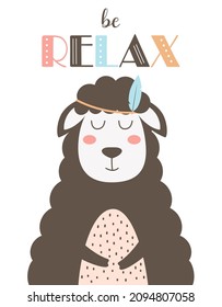 tribal card of cute sheep with feathers and lettering be relax, vector illustration, simple design for children
