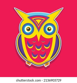 Tribal cartoon cute owl character. Bird mascot hippie vector illustration. Can be used as logo, icon, badge, sticker, emblem and print design.