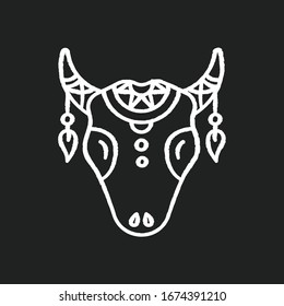 Tribal cattle head chalk white icon on black background. Cow skull with feathers, Native American Indian symbol. Wild animal head, tribe mystic amulet. Isolated vector chalkboard illustration