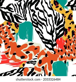 Tribal Cheetah Fur Vector Seamless Pattern. Safari Tiger Illustration. Bright Fabric Spot Zebra Wallpaper. Textile Giraffe Modern Background.