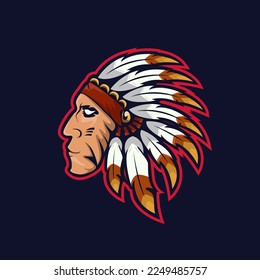 Tribal chief mascot e sport logo design. apache warrior mascot head vector illustration logo.