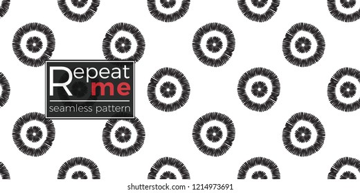 Tribal circle dot. Seamless pattern background. Black and white graphic. Geometric embroideries shapes in minimalistic ethnic, boho, aztec, hipster style.