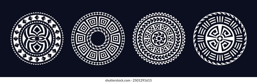 Tribal circle set in Maori Style, Tribal mandala art, Abstract circular geometric design in Polynesian and Hawaiian styles