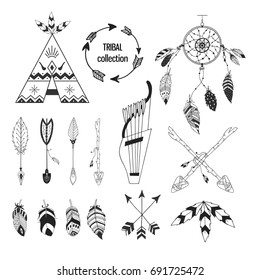 Tribal collection of hand drawn elements in boho style. Feather, tipi and arrows. Vector illustration