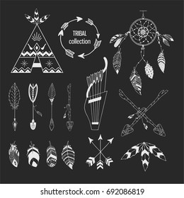 Tribal collection of hand drawn elements in boho style. Feather, tipi and arrows. Vector illustration