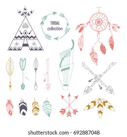 Tribal collection of hand drawn elements in boho style. Feather, tipi and arrows. Vector illustration