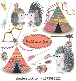 Tribal Collections Set with teepee tens, arrows, feathers, tribal borders, Indian hedgehog and feather headdress.