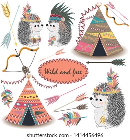 Tribal Collections Set with teepee tens, arrows, feathers, tribal borders, Indian hedgehog and feather headdress.