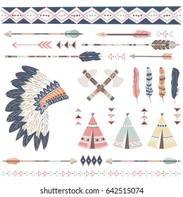 Tribal Collections Set with teepee tens, arrows, feathers, tribal borders and feather headdress.