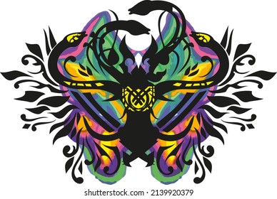 Tribal colored butterfly wings with snake elements on white for fashion trends. Bright butterfly wings with floral motifs and black winding snakes for textiles or prints, emblems on shields, wallpaper