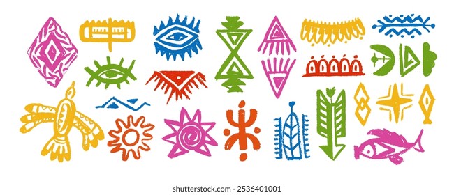 Tribal bunte Muster. Afrikanischer Silhouettendruck. Ethnische Grenze. Uralter Stamm. Azteken und Maya Grafik. Mexikanische Formen. Dekorationen in Mexiko oder Peru. Inkastextur. Navajo-Elemente. 