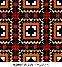 Tribal colorful plaid vector seamless pattern. Ethnic tartan background. Repeat geometric striped backdrop. Colorful symmetrical ornament with geometry shapes, rhombus, zig zag lines, squares, frames.
