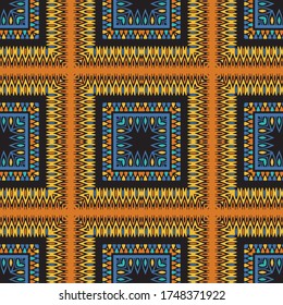 Tribal colorful vector seamless pattern. Ethnic ornamental background. Repeat geometric striped backdrop. Folkloric symmetric ornament with abstract geometry shapes, rhombus, squares, stripes, frames.