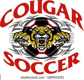 tribal cougar soccer team design with mascot inside ball for school, college or league