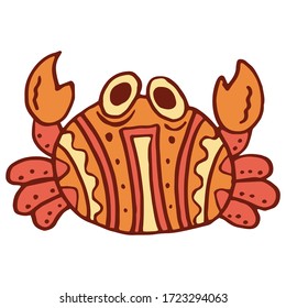 Tribal crab on white isolated backdrop. Ethnical mascot for invitation and gift card, tattoo parlor or seafood store logo, bath tile. Phone case or cloth print. Doodle style stock vector illustration
