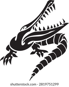 Tribal crocodile vector illustration with open jaws, black silhouette design isolated on white background.