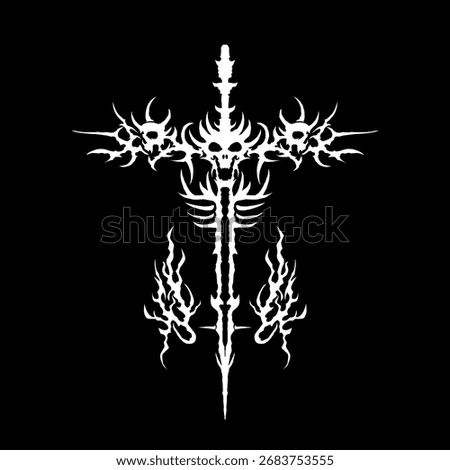 Tribal cross vector with skulls and flame elements, gothic and dark style, perfect for tattoos, fantasy art, or occult design