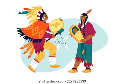 Tribal culture - modern flat design style illustration on white background with Cherokee Indians. Man beats ritual drum, girl holds baby in her arms. Traditional clothing of indigenous people