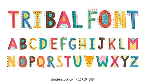 Tribal cute alphabet font. Uppercase doodle Letters. Vector hand drawn  typography. Childish typeface.