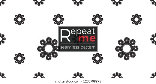 Tribal daisy flower. Seamless pattern background. Black and white graphic. Geometric embroideries shapes in minimalistic ethnic, boho, aztec, hipster style.