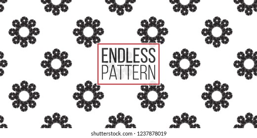 Tribal daisy flower. Seamless pattern background. Black and white graphic. Geometric embroideries shapes in minimalistic ethnic, boho, aztec, hipster style.