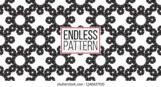 Tribal daisy flower. Seamless pattern background. Black and white graphic. Geometric embroideries shapes in minimalistic ethnic, boho, aztec, hipster style.