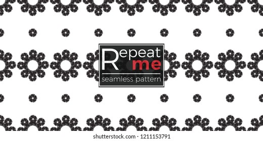 Tribal daisy flower and tiny dot. Seamless pattern background. Black and white graphic. Geometric embroideries shapes in minimalistic ethnic, boho, aztec, hipster style.