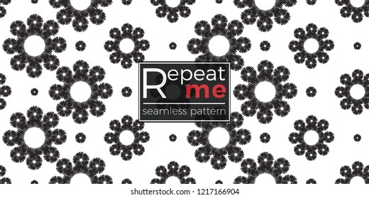 Tribal daisy flower and tiny dot. Seamless pattern background. Black and white graphic. Geometric embroideries shapes in minimalistic ethnic, boho, aztec, hipster style.