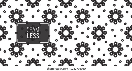 Tribal daisy flower and tiny dot. Seamless pattern background. Black and white graphic. Geometric embroideries shapes in minimalistic ethnic, boho, aztec, hipster style.
