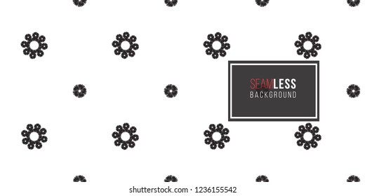 Tribal daisy flower and tiny dot. Seamless pattern background. Black and white graphic. Geometric embroideries shapes in minimalistic ethnic, boho, aztec, hipster style.