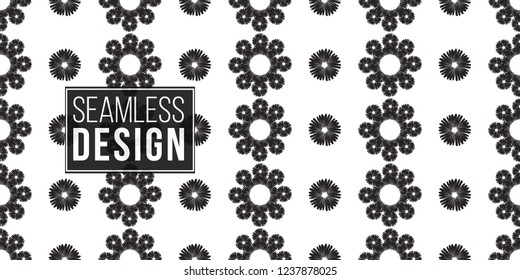 Tribal daisy flower and tiny dot. Seamless pattern background. Black and white graphic. Geometric embroideries shapes in minimalistic ethnic, boho, aztec, hipster style.