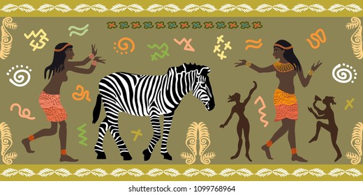 Tribal dance. Seamless vector border with ethnic motifs and abstract geometric elements. Trendy design witn African art for textile, cards, covers.