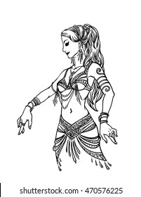 Tribal Dancer or Belly Dancer Girl in Hand Drawn Style. Vector Illustration of Beautiful Woman Dancing on a White Background for Your Design. Femininity.