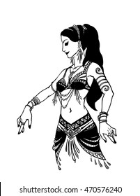 Tribal Dancer or Belly Dancer Girl in Hand Drawn Style. Vector Illustration of Beautiful Black-haired Woman Dancing on a White Background for Your Design. Femininity.