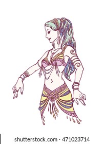 Tribal Dancer or Belly Dancer Girl in Hand Drawn Style. Vector Illustration of Beautiful Blue-haired Woman Dancing on a White Background for Your Design. Femininity.