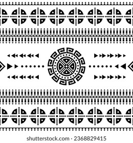 Ilustración vectorial de decoración tribal. Patrón étnico sin foco con nativos aztecos. Diseño para plantilla textil. Blanco y negro.