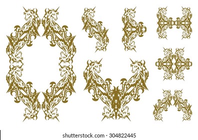 Tribal decorative golden unicorn symbols