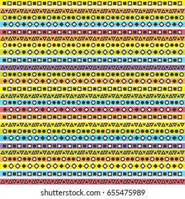 Tribal decorative pattern with small geometric elements. Boho stripes. Colorful doodle style. Vintage ethnic ornamental background, texture. Vector illustration.
