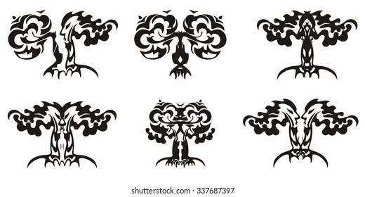 Tribal decorative tree symbols. Vector set of abstract decorative trees. Oak krone in the form of the person