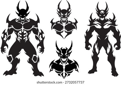 Tribal Demon Warrior Silhouette Vector Set with Horned Monster Body and Fierce Mask Faces, Dark Fantasy Tattoo Style Design for Logo, Game