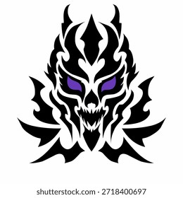 Arte vectorial de cráneo demoníaco tribal, afilado motivo de llama negra con ojos púrpuras brillantes