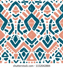 Tribal design with chevron, ikat ornaments. Seamless pattern in Aztec style. Hand Drawn folklore pattern