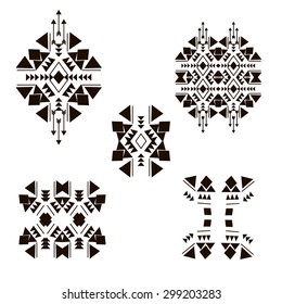 Tribal design elements isolated on the white background made in vector. Tribal vintage ethnic elements for your business. Oriental ornament, Mexican, Aztec and African collection of tribal art.