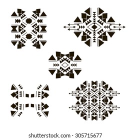 Tribal design elements isolated on the white background made in vector. Tribal vintage ethnic elements for your business. Oriental ornament, Mexican, Aztec and African collection of tribal art.