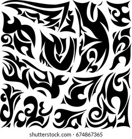 Tribal design pattern. Black and white tiles. Fabric design